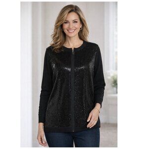 Quacker Factory Black Sequin Zip Front Jacket Women’s 1X Sparkle Cardigan